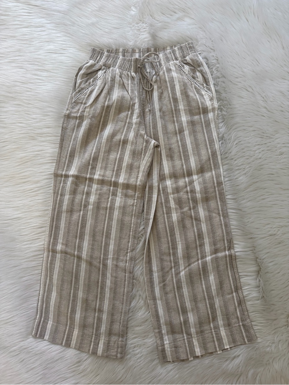 Briggs Beige & White Casual Wide-Leg Striped Drawstring Crop Pants Sz M